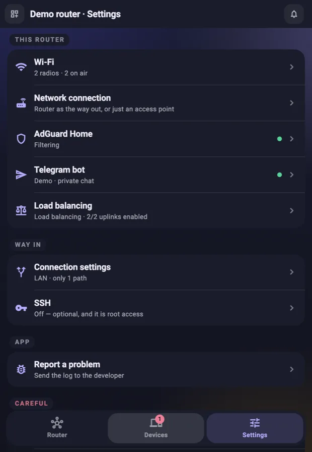 Settings screen — Wi-Fi, AdGuard Home, load balancing, alerts