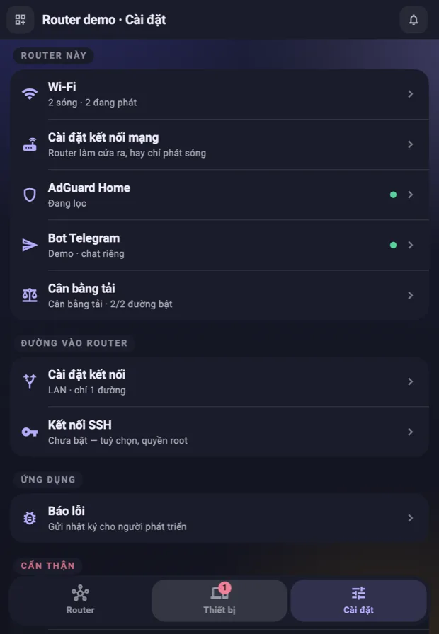 Màn hình Cài đặt — Wi-Fi, AdGuard Home, cân bằng tải, cảnh báo