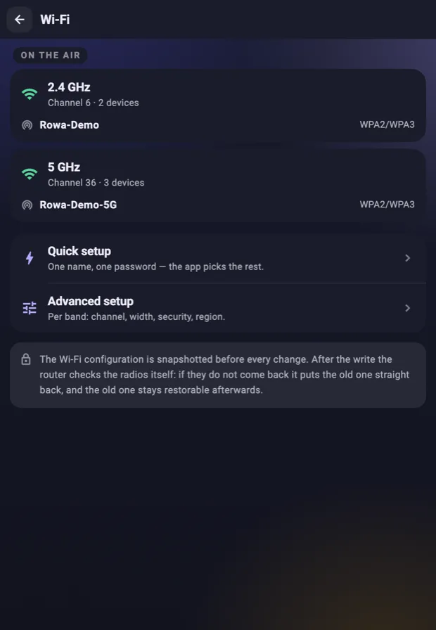Wi-Fi screen — two bands, channel, width, name and password