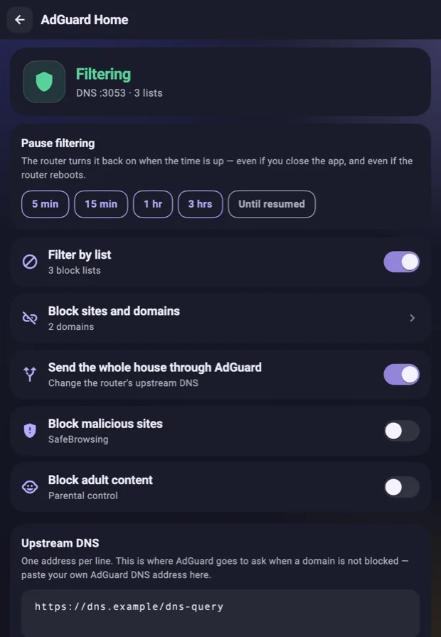 AdGuard Home screen — filtering, blocklists, upstream DNS