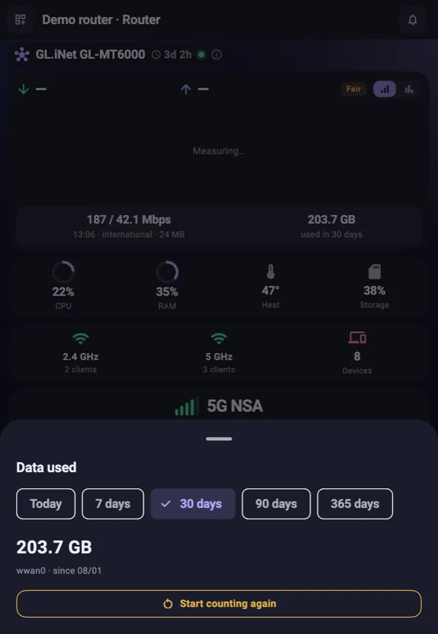 Data usage screen — how much went out over five spans of time